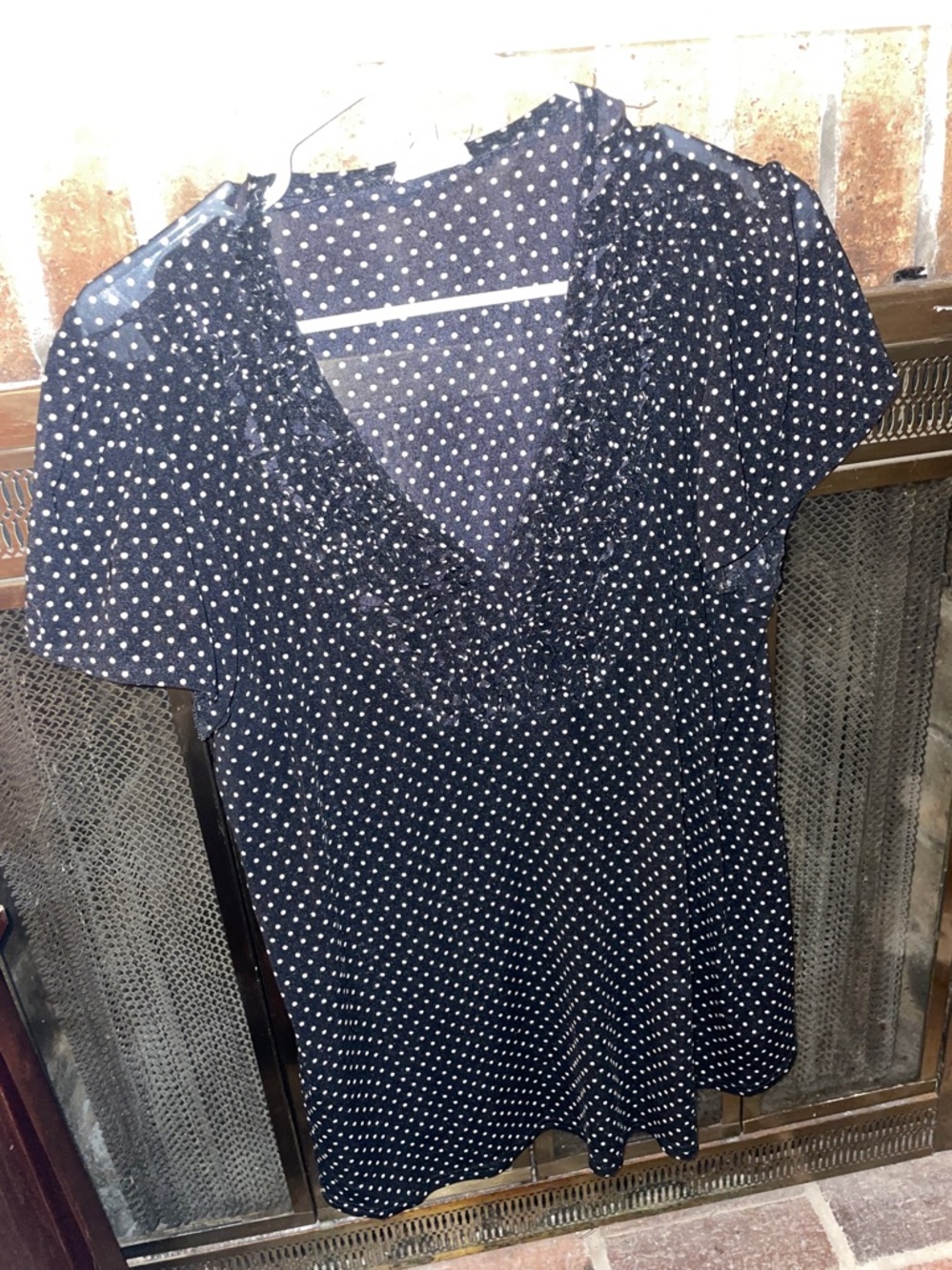 Pretty/Black & White Polka Dot/sheet/Short Sleeve V-Neck Top
